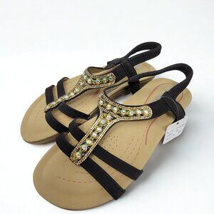 J.J's Footwear Brown T-Strap Rhinestone Slingback Sandals Rainbow AB Rhinestones